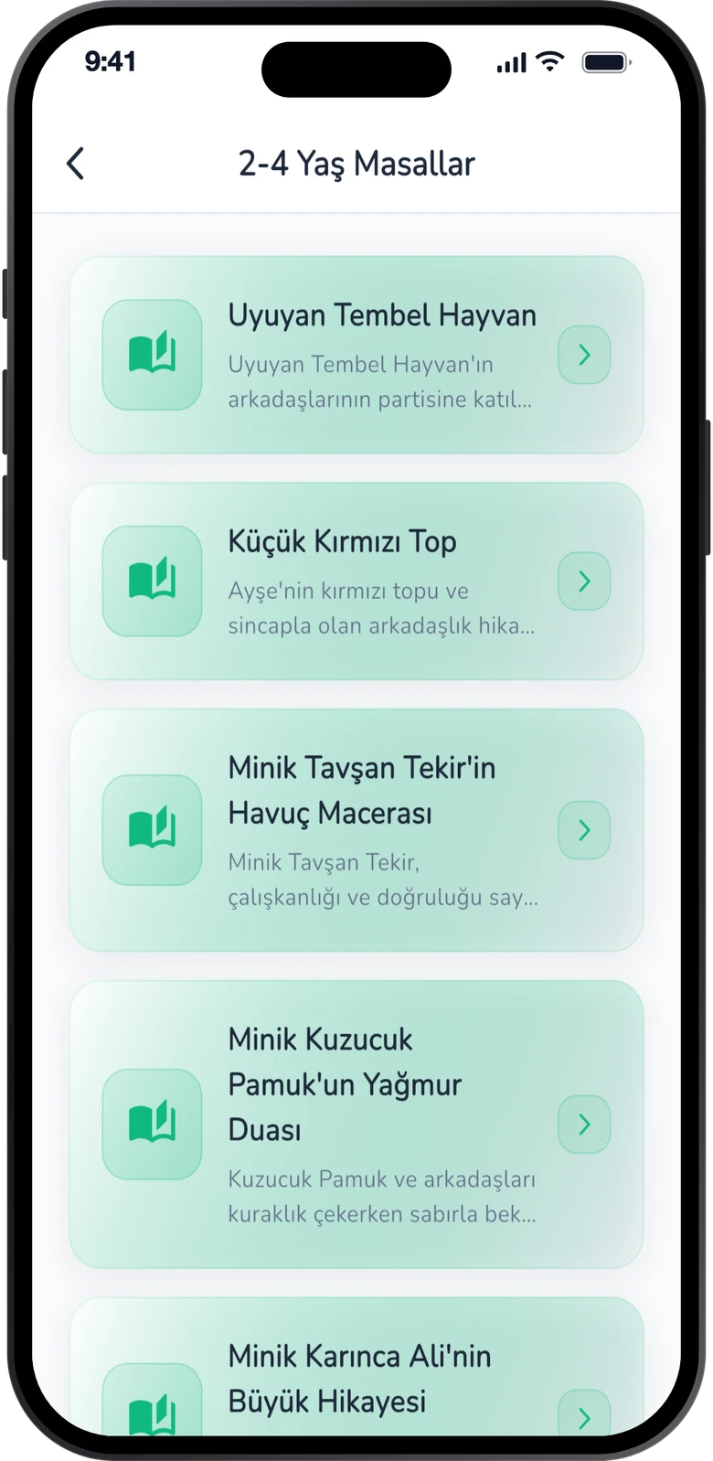 Masal Bulutu uygulamasının 2–4 yaş masallar ekranı
