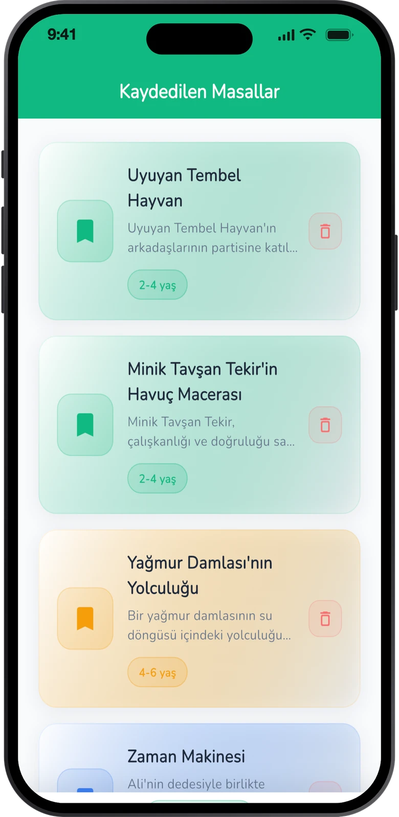 Masal Bulutu uygulamasının kaydedilen masallar ekranı