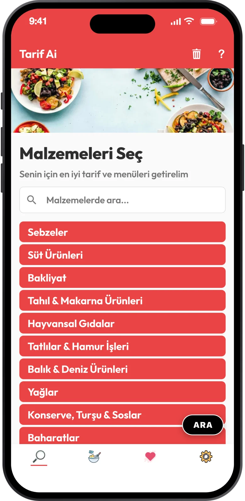 TarifAI uygulamasının malzeme seçimi ekranı