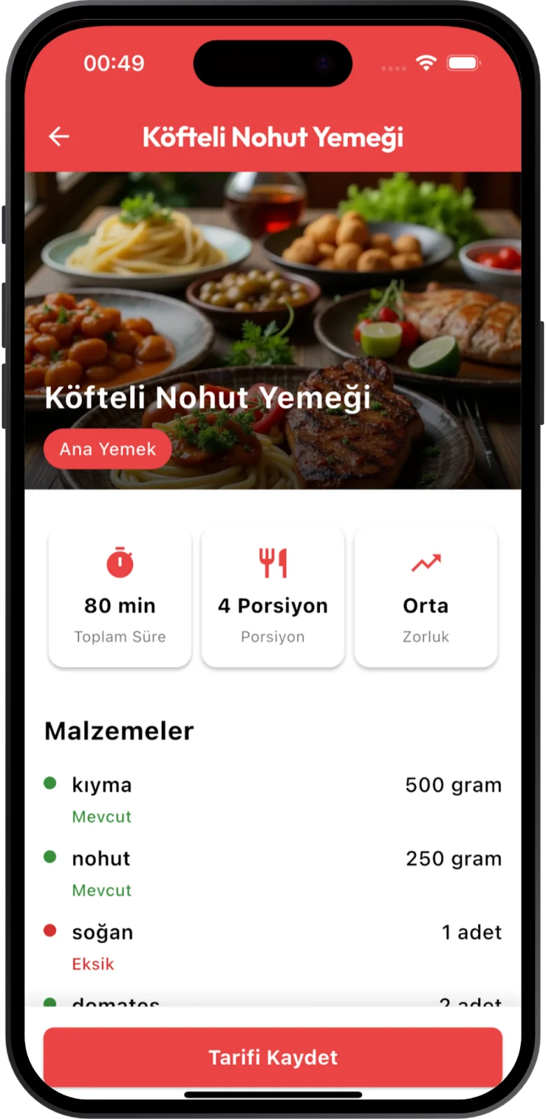 TarifAI uygulamasının tarif detayı ekranı